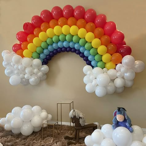 Sky Theme Birthday Decoration, Sky Theme Party Decoration, Rainbow From Balloons, Rainbow Balloon Arch With Clouds, Rainbow Theme Balloon Decoration, Rainbow Theme Birthday Decorations, Sky Decorations Party, Rainbow Balloon Decor, Sky Birthday Theme