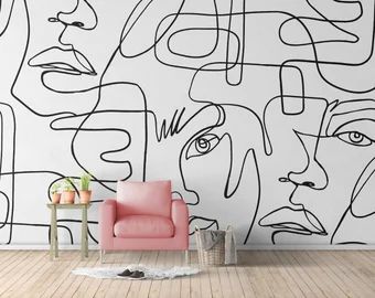 Peel and stick fabric wallpaper mural | Etsy Faces Line Art, Abstract Wall Mural, Italy Restaurant, Facial Products, Female Faces, Studio Wall, Hallway Bathroom, Lines Wallpaper, Bright Paintings