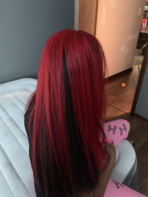 Peekaboo Red And Black Hair, Red Hair Black Underneath Colour, Red Hair Color Peekaboo, Black Hair With Light Red Highlights, Red Hair With Black Peekaboos, Black And Red Straight Hair, Red Hair Black Peekaboo, Black And Red Peak A Boo Hair, Dyed Hair Inspiration Red And Black