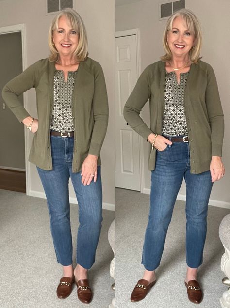 Dress For My Day Kay Harms, Olive And Beige Outfit, Talbots Outfits, Dressed For My Day, Midlife Fashion, 60 Outfits, Fall Transition Outfits, Office Outfits Women, Fall Jeans