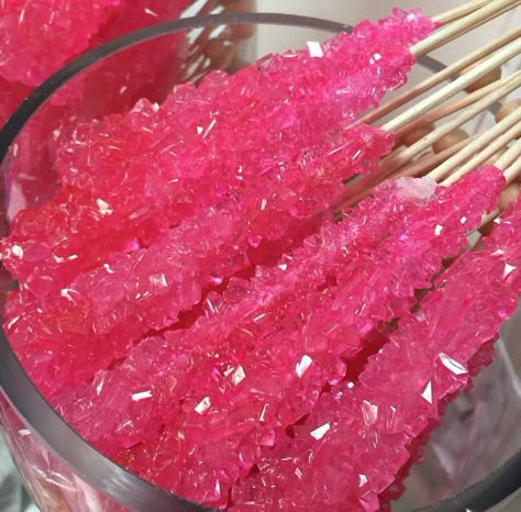 Rock Candy On A Stick, Hot Pink Party Favors, Sweet 16 Snack Ideas, Hot Pink Party Food, Pink Birthday Party Snacks, Hot Pink Foods For Party, Rock Sweet 16, Hot Pink Desserts, Pink Dessert Bar