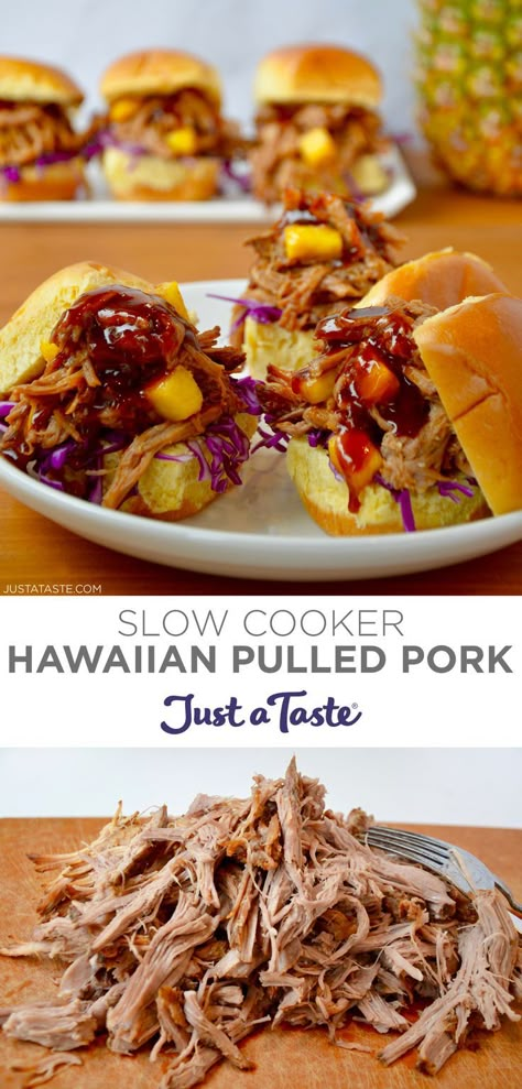 Top image: Hawaiian Pulled Pork on slider buns with pineapple chunks and barbecue sauce. Bottom image: A pile of pulled pork on a cutting board with a fork. Slow Cooker Pork And Pineapple, Pulled Pork Easter Dinner, Hawaiian Pulled Pork Crock Pot Recipes, Pineapple Pork Tenderloin Crockpot, Hawaiian Pulled Pork Slow Cooker, Hawaiian Pork Tacos, Hawaiian Potluck, Hawaiian Pork Loin, Hawaiian Pork Tenderloin