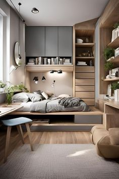 Modern Bedroom Interior Small Rooms, Condo Room Aesthetic, Modern Bedroom Small Spaces, Single Bed Ideas For Small Rooms, Mini Bedroom Ideas, Modern Bed With Storage, Mans Bedroom Ideas, Functional Bedroom Ideas, Modern Small Bedroom Ideas