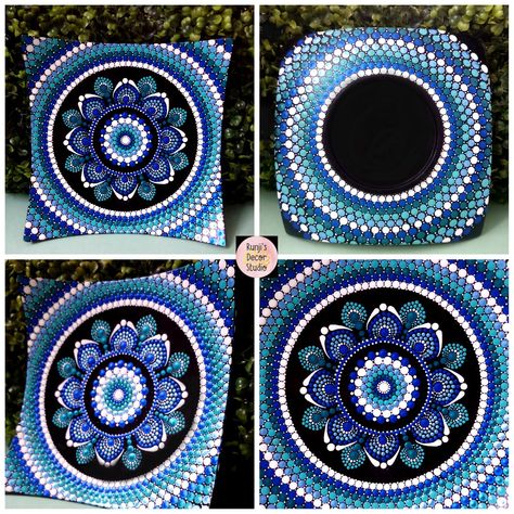 Lost in the blues 💙🤪  The process of making this beautiful square plate by dot mandala art was amazing....i have done this art on both sides of this plate to give a perfect finished look🤩 Mandala Dot Art On Square Canvas, Dot Painting Square Canvas, Dot Mandala On Square Canvas, Square Dot Mandala, Dotted Mandala, Dot Mandala Art, Mandala Dot Art, Dot Mandalas, Blue Color Combinations