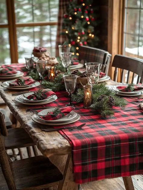 27 Farmhouse Christmas Dining Table Decor Ideas You’ll Love Round Dinner Table Christmas Decor, Christmas Table Decor Ideas Simple, Farmhouse Christmas Dining Table Decor, Farmhouse Christmas Dining Table, Plaid Tablescape, Christmas Dining Table Decor Ideas, Dining Table Decor Ideas, Round Dinner Table, Perfect Christmas Dinner