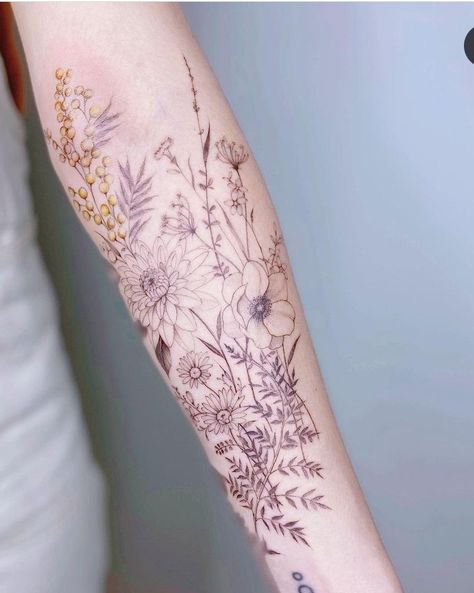 Wild Flowers Arm Tattoo, Michigan Wildflowers Tattoo, Watercolour Wildflower Tattoo, Wild Flower Fine Line Tattoo, Wild Flower Arm Tattoo, Lupin Tattoo Flowers, Long Floral Tattoo, Hedgerow Tattoo, Long Stem Flower Tattoo