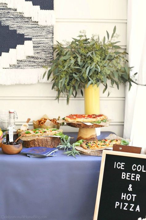 Set up a Pizza & Beer Party Bar for casual entertaining at home. This party is great for game day, birthdays, or to dress up any beer bar. #BeerParty #BeerBar #PizzaandBeer #PizzaParty #MansBirthdayIdeas #bar Pizza And Beer Party, Bar Set Up For Party, Beer Cheese Dip Crockpot, Beer Cheese Soup Crockpot, Pizza Reception, Party Set Up Ideas, Pizza Dinner Party, Beer Themed Birthday Party, Beer Party Decorations