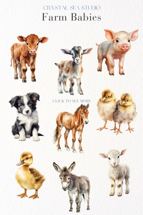 This heartwarming clip art bundle features 14 charming images of baby farm animals. Digital download. Calf, kid, piglet, foal, border collie puppy, donkey, duck, chicken, lamb. Cute Farm Animals Illustration, Cartoon Farm Animals, Farm Animals Art, Watercolor Farm Animals, Farm Animal Clipart, Farm Animals Decor, Book Cover Art Diy, Farm Animal Crafts, Animal Clip Art