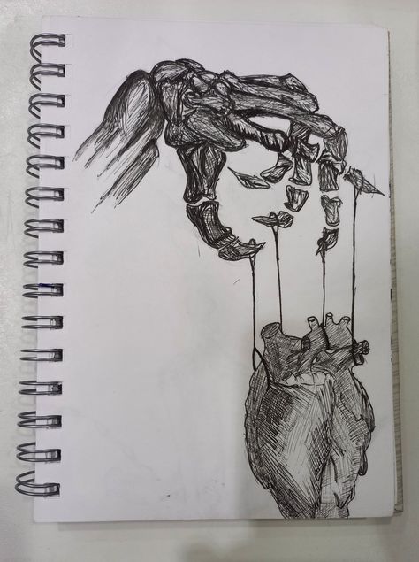 Goth Heart Drawing, Heart Being Ripped Out Drawing, Skeleton Heart Hands Drawing, Grunge Art Reference, Emo Doodles Creepy Cute, Skeleton Art Drawing Sketch, Skeleton Drawing Aesthetic, Drawing About Heart Break, Torn Drawing