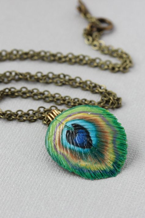 Peacock Feather Necklace   Polymer Clay Feathers   PetitPlat, Stéphanie Kilgast Peacock Aesthetic, Clay Peacock, Clay Feathers, Peacock Beads, Polymer Clay Embroidery, Peacock Feather Earrings, Peacock Jewelry, Necklace Polymer Clay, Earrings Feather