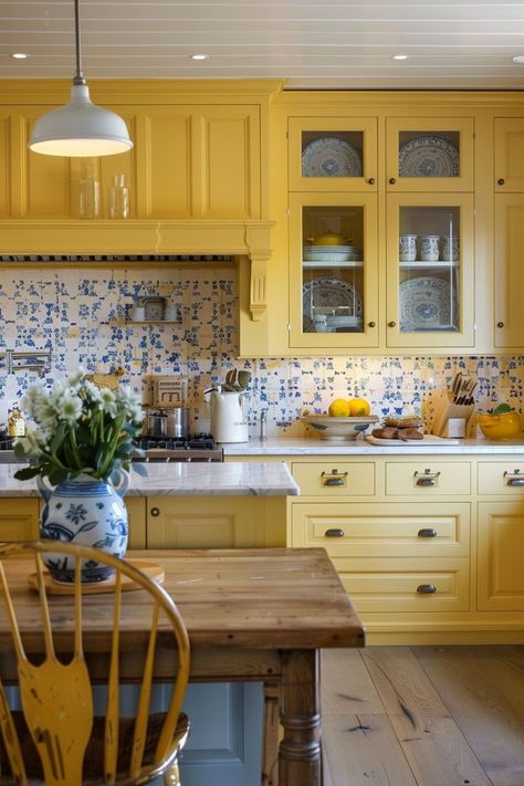 Breathe new life into your kitchen with stunning yellow kitchen designs! Explore a vibrant collection of yellow kitchen ideas that range from pale and soothing to bright and bold. Transform your walls with cheerful yellow hues or incorporate eye-catching yellow tiles for a touch of vintage charm. Whether you prefer a rustic farmhouse aesthetic or sleek modern lines, yellow cabinets and backsplashes can add warmth and personality to your culinary haven. Yellow Kitchen Tile, Butter Yellow Kitchen Cabinets, Pale Yellow Kitchen Walls, Yellow Kitchen Backsplash, Light Yellow Kitchen, Yellow Blue Kitchen, Kitchen Ideas Yellow, Bright Kitchen Ideas, Blue And Yellow Kitchen