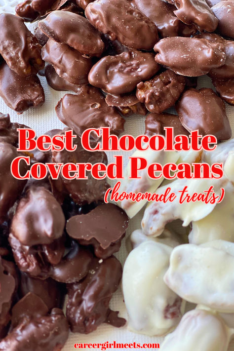 OMG, this is the best chocolate-covered pecan recipe! These tasty little bite clusters are candied with butter and brown sugar before dipped in Ghirardelli milk chocolate, dark chocolate, and white chocolate. Topped with sea salt to finish, these are the best snack dessert treats! They also make wonderful gifts. The recipe is easy, and you could use sugar-free chocolate. If you like almond bark, you will love it. No crock pot needed. 

// chocolate bark // pie bites // how to make candy pecans Healthy Chocolate Candy Recipes, Chocolate Covered Pistachios, Pecan Chocolate Clusters, Pecan Clusters Crock Pot, Chocolate Pecan Bark Recipe, Chocolate Candies Homemade, Chocolate Covered Pecans Recipe, Pecan Bark Recipe, Chocolate Pecan Clusters