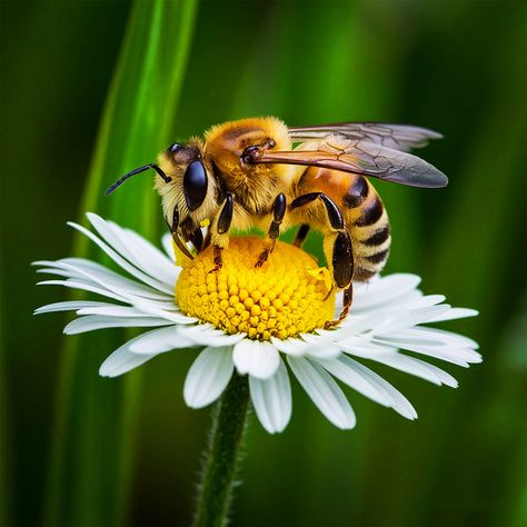 ✅ A stunning close-up photograph of a honey bee perched on a pristine white daisy flower. The bee's fuzzy, golden-brown body is covered in intricate details, and its wings are spread wide as it gathers nectar from the flower's vibrant yellow center. The bee's compound eyes and antennae are clearly visible, showcasing the fascinating complexity of this tiny creature. The verdant green background creates a striking contrast that brings the bee and flower into sharp focus. The composition artfu... Bee Close Up, Bees Pollinating Flowers, Honey Bee On Flower, Honey Bee Flying, Bee Pictures Art, Bee Photos, Animals With Flowers, Honey Bee Photos, Bee On A Flower