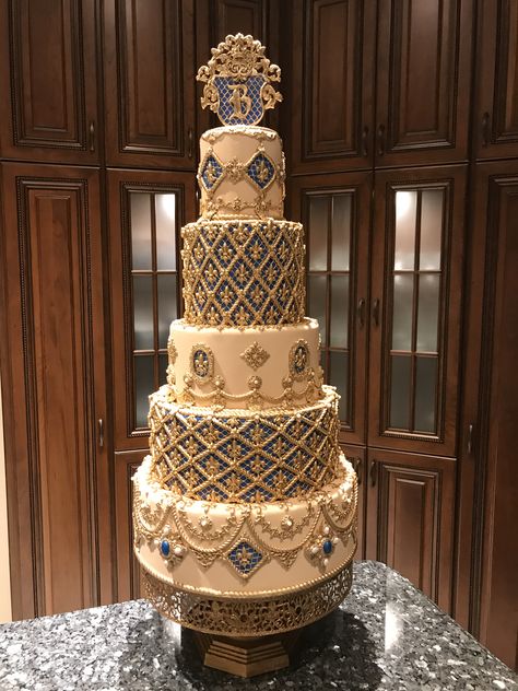 A Royal wedding cake by M&T Events custom cakes Sleeping Beauty Wedding Cake, Royal Blue Quince Cake, Royal Themed Wedding, Spectacular Cakes, Quince Stuff, Navy Gold Wedding, Bling Cakes, Fancy Wedding Cakes, Extravagant Wedding Cakes