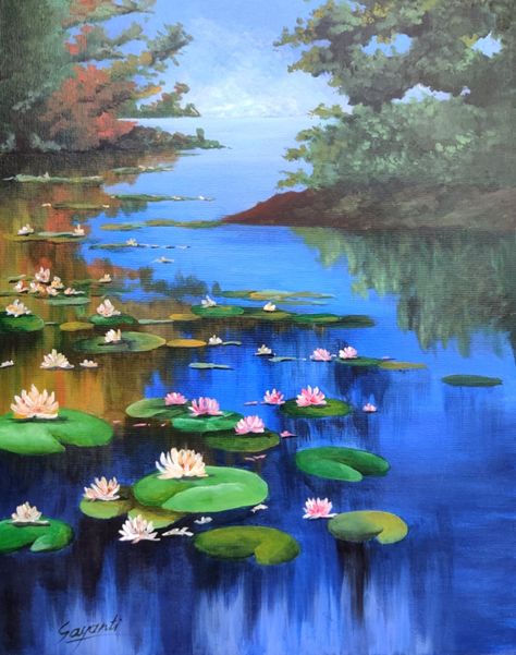 River scene landscape with lotus and in blue. Lotus Pond Acrylic Painting, Watercolor Pond Landscape Paintings, Pond Landscaping Painting, Pond Landscape Painting, Lotus Lake Painting, Lotus Pond Painting, Tree Frog Art, Mughal Garden, Painting Lotus