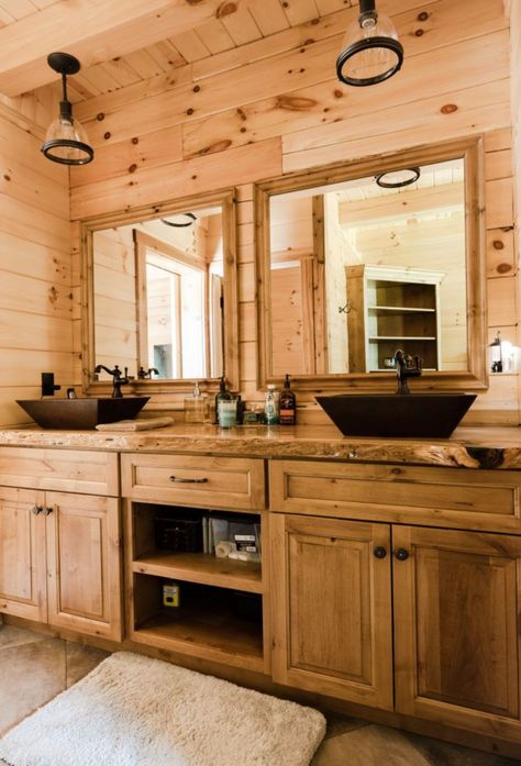 The Boston Mill log cabin tour showcases a stunning modern kitchen, rustic spaces, pool, and tons of stunning woodwork. Log Bathroom, Log Home Bathrooms, Log Home Bathroom, Log Cabin Bathroom, Console Sink Bathroom, Log Home Flooring, Log Home Builders, Log Cabin Living, Timber Logs