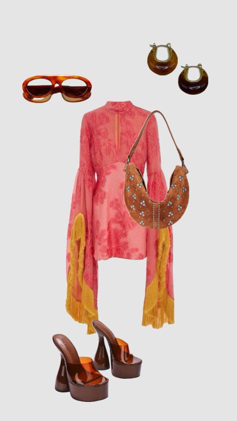 Aesthetic: Maximalist revival #bohochic #eclectic #pinkdress #bohobag #platformheels #vynilshoes #retrosunglasses #retro Maximalist Outfit, Retro Eclectic, Eclectic Aesthetic, Outfit Aesthetic, Boho Bag, Retro Sunglasses, Outfits Aesthetic, Aesthetic Fashion, Platform Heels