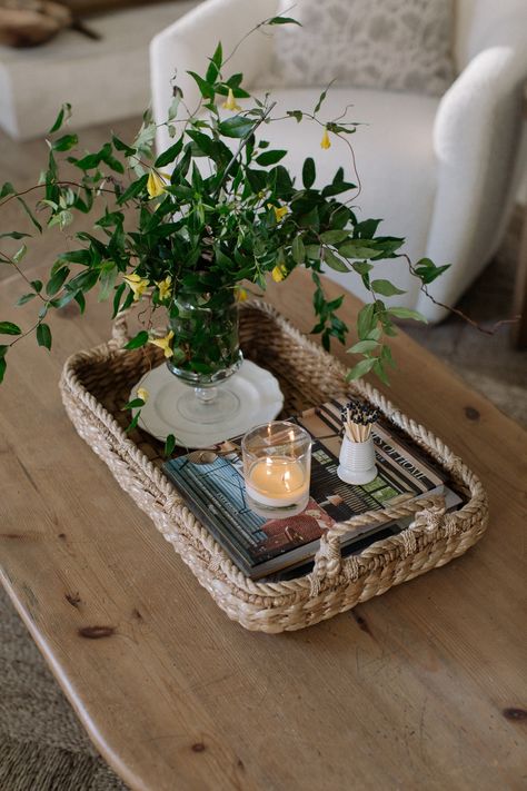 Spring Cleaning Organization Favorites for a Tidy Home | Laine and Layne Coffee Table Basket Tray, Candle On Coffee Table, Table Tray Decor Ideas Living Room, Coffee Table Basket Decor, Dining Table Tray Decor, How To Style A Coffee Table, Rectangle Coffee Table Decor, Coffee Table Basket, Tray On Coffee Table