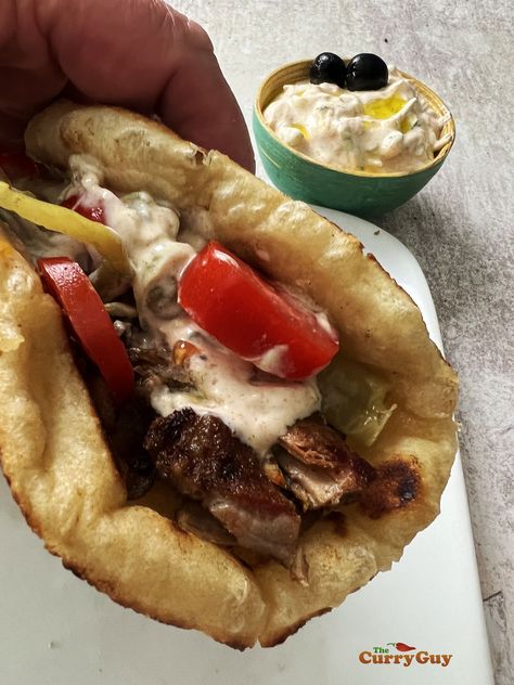 Greek Pork Gyros | Homemade Pork Gyros | THE CURRY GUY Pork Gyros Recipe, Pork Gyros Recipe Tzatziki, Greek Pork Gyros Recipe, Gyros Spice Recipe, Authentic Gyro Meat Recipe, Damn Delicious Chicken Gyros, Gyro Meat Recipe, Pork Gyros, Souvlaki Recipe