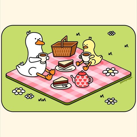 2 duck friends at a picnic 🐤 Picnic Cute Drawing, Cute Picnic Drawing, Picnic Doodle, Picnic Cartoon, Picnic Stickers, Picnic Drawing, Picnic Illustration, Peanut Festival, Wood Yard Art