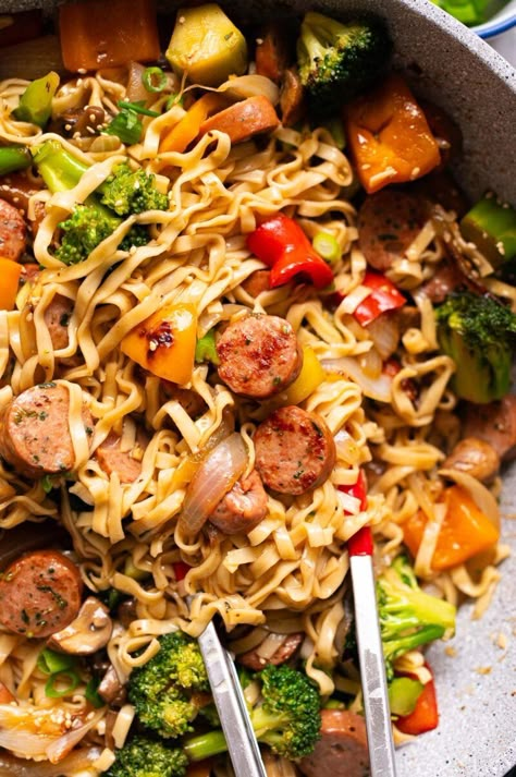 Sausage Stir Fry (30 Minutes) - iFoodReal.com Smoked Sausage Stir Fry Recipe, Stir Fry Pasta, Sausage Noodles, Crispy Vegetables, Sausage Stir Fry, Best Egg Recipes, Fried Sausage, Sausage Dinner, Stir Fry Sauce