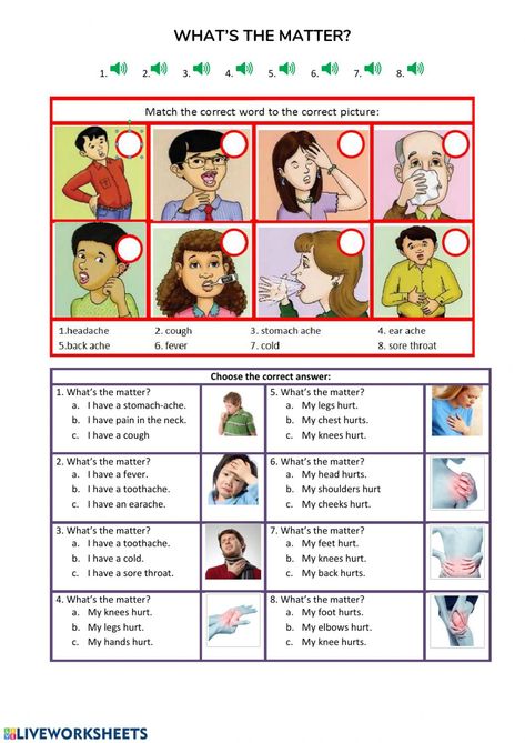 Illnesses and health problems interactive and downloadable worksheet. You can do the exercises online or download the worksheet as pdf. Health Coach Logo, What Is Matter, My Knee Hurts, Matter Worksheets, Logo Design Health, Health Symbol, English Exercises, English Activities, English As A Second Language (esl)