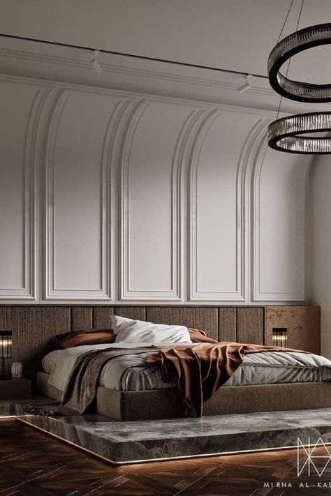 Elegant Bedroom with brown tones Modern Neo Classical Bedroom Design, Classical Modern Bedroom, Bed Back Wall Design Master Bedrooms, Modern Art Deco Interior Bedroom, Classical Bedroom Interior, Modern Classical Bedroom, Neo Classical Interiors Bedroom, European Bedroom Design, Classical Bedroom Design