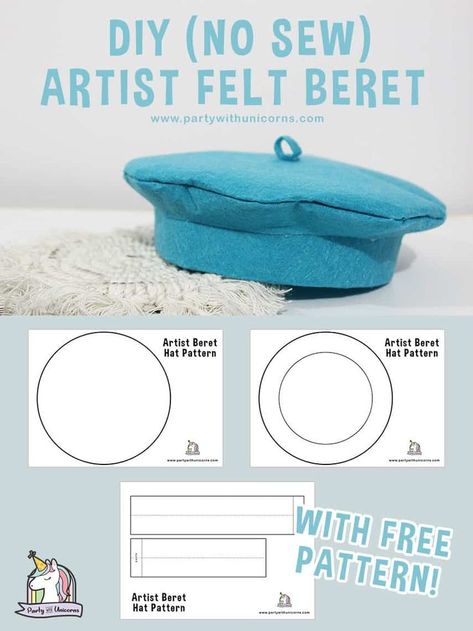 No Sew DIY Beret Craft. If your child is a budding artist, create this fun beret with them to get into the artist spirit. Perfect for an afternoon by the painting easel or for an art party. #artparty #craftsforkids #craftsideas #crafts #artpartyforkids #girlparty #kidscrafts101 #kidscrafts #kidscraftideas #kidscraftsaturday Barbie Hats How To Make, Beret Diy Pattern, Doll Beret Pattern, Diy Pet Accessories, Diy Beret Hat, Sew A Hat, Beret Diy, Doll Hat Pattern, Dog Hat Pattern