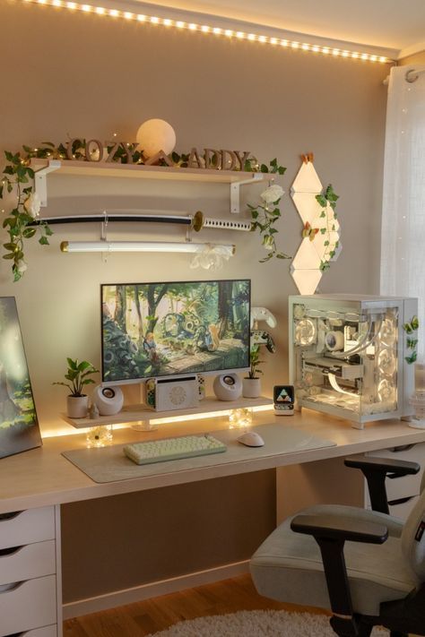 Sage Green Desk Setup, Desk Organization Aesthetic, Pc Setup Aesthetic, Fancy Desk, Cozy Gaming Setup, Setup Accessories, Trendy Desk, Setup Pc, Compact Desk