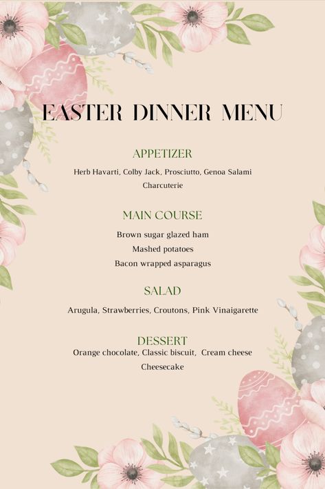 Traditional style Easter Dinner Menu template for you to edit and impress your guests during the holiday. Simple Easter Dinner Menu Ideas, Dinner Menu For Guests, Easter Dinner Decor, Easter Dinner Menu Ideas, Easter Menu Ideas, Dinner Menu Template, Easter Dinner Menus, Easter Menu, Easter Breakfast