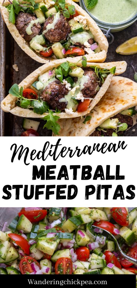 Pita Lunch Ideas Healthy, Pita Bread Meal Ideas, Meatball Pita Sandwich, Meatball Pita Pockets, Meatball Pita, Pita Pocket Lunch Ideas, Mediterranean Meatballs Beef, Pita Stuffing Ideas, Pita Dinner Ideas