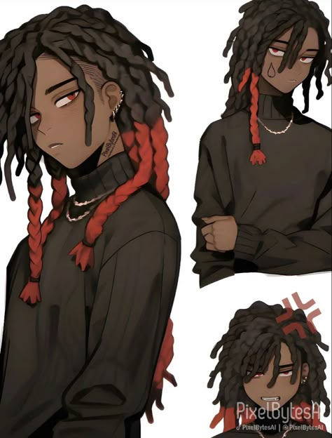 Black Male Hairstyles Drawing Reference, Black Oc Design, Guy With Locs Drawing, Anime Oc Black, Black Male Ocs, Dreads Character Design, Male Oc Inspiration, Anime Dreadlocks Guy, Dreadlock Character Design