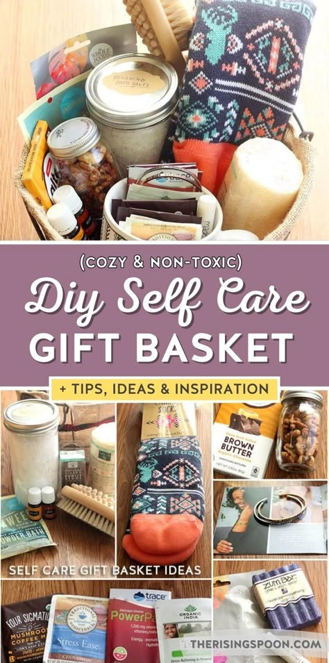 A self care gift basket makes such a cozy & thoughtful gift for any occasion. It's easy to customize to each person's tastes! They make an easy Christmas or birthday gift for women, pregnant women, men, friends, teens, teachers, and co-workers! Keep reading to learn how to make your own DIY version (small or large) & grab lots of ideas for what to put in each gift basket! I also include recommendations for products that new moms & folks into healthy living & wellness will appreciate! Spa Day Basket Ideas Diy, Treat Yourself Gift Basket, Making A Gift Basket Diy, Spa Diy Gift Basket, Spa Swag Bag Ideas, Diy Selfcare Gift Basket, Dollar Tree Self Care Basket, Diy Relaxation Gift Basket Ideas, Spa In A Box Gift Diy