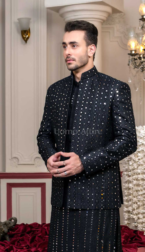 black prince coat Black Prince Coat, Prince Suit, Prince Coat, Black Kurta, Embroidered Designs, Kurta Pajama, Mirror Work, Suit Fashion, Call Whatsapp