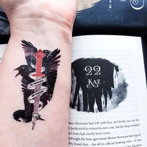 No Mourners No Funerals, Crows Drawing, Bookish Tattoos, Grisha Verse, Grisha Trilogy, Bone Tattoos, Crow Tattoo, Crooked Kingdom, Tattoo Project