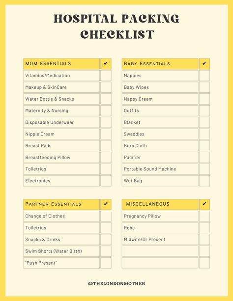 Hospital Bag Checklist - Everything You Need For Mum + Baby Mom Checklist, Birth Partner, Eat In London, Medical Tips, Breastfeeding Pillow, Baby Carrying, Bag Checklist, Hospital Bag Checklist, Water Birth