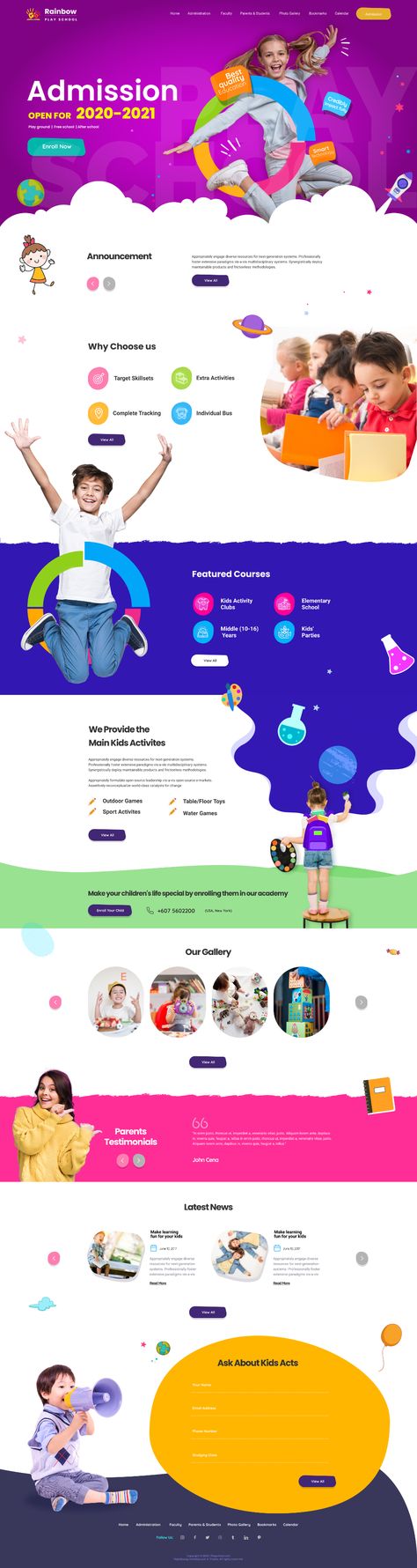 Rainbow | A Multipage Kids Play School Website Figma Template Preview - ThemeForest School Website Templates, Web Design School, Ui Design Principles, Baby Ads, Colorful Website, Kids Web, Kindergarten Design, Figma Template, School Kindergarten