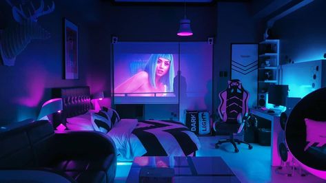 Cyberpunk Room Ideas, Boyfriend Room, Cyberpunk Bedroom, Support Boyfriend, Futuristic Room, Cyberpunk Room, Gamer Bedroom, Small Game Rooms, Video Game Room Design