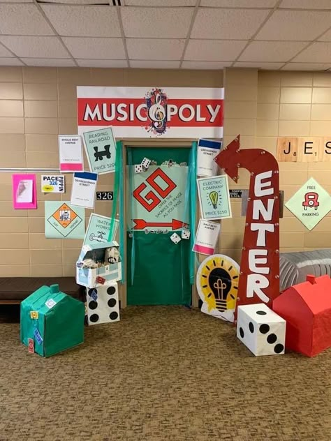 Large Board Game Decorations, Board Game Night Decorations, Board Game Backdrop, School Game Night Decorations, Monopoly Party Theme, Board Game Parade Float, Vbs Board Game Theme Crafts, Game Theme Door Decorations, Board Game Hallway Theme