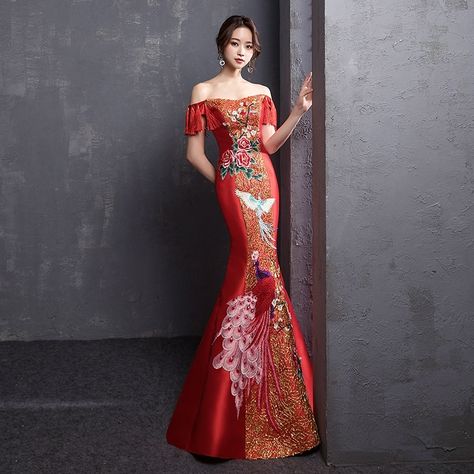 Traditional Chinese Wedding Gown 2019 Off Shoulder Embroidery Mermaid Qipao Dress Chinese Style Cheongsam Wedding Dress AA4547|Cheongsams| - AliExpress Qipao Dress Chinese Style, Embroidery Mermaid, Cheongsam Wedding Dress, Cheongsam Wedding, Shoulder Embroidery, Wedding Cheongsam, Chinese Bride, Traditional Chinese Wedding, Chinese Traditional Costume