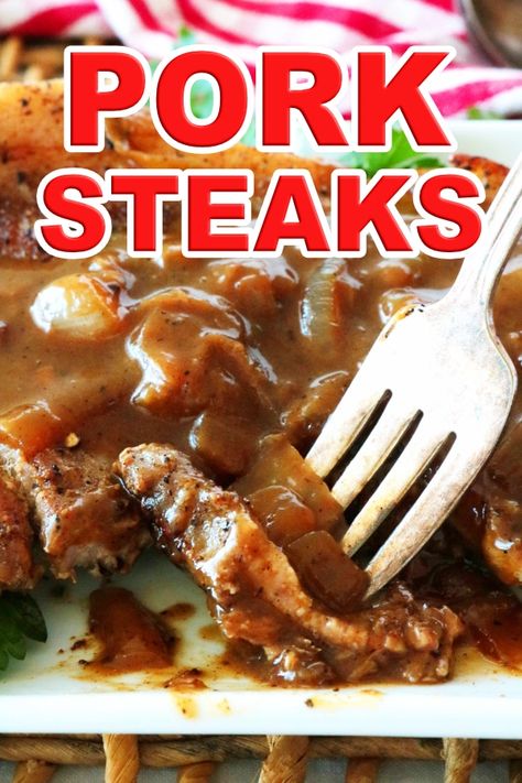 Pork Steaks (also known as Blade Steaks) are a budget-friendly cut of pork, rich in marbling and loaded with big flavor. This is an easy, one-pan dinner idea for tender, flavorful steaks that cook up fast in the skillet and end up on your plate swimming under a sea of savory Brown Onion Gravy. #porksteaks #pork #porkrecipes #dinner #dinnerideas #budgetfriendlyrecipes Pork Steaks And Gravy, Keto Pork Steak Recipes, Recipes For Pork Steaks, Pork Steak Recipes Skillet, Recipe For Pork Steak, Pork Steak Recipes Oven Baked Easy, Pork Shoulder Blade Steak, Brown Onion Gravy, Baked Pork Steak