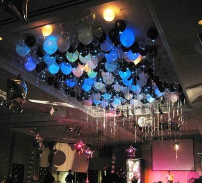 Balloon Ceiling over Dance Floor [Image source: ballooncityusa.com] I want to have 100 balloons over the dance floor with the strings hanging down. How do I keep them from floating around?  ANSWER  Hi there,  The best way Wedding Decorations Hall, School Dance Decorations, Homecoming Decorations, Balloon Ceiling, Diy Wedding Arch, Dance Decorations, Fun Wedding Decor, Winter Dance, Dance Themes