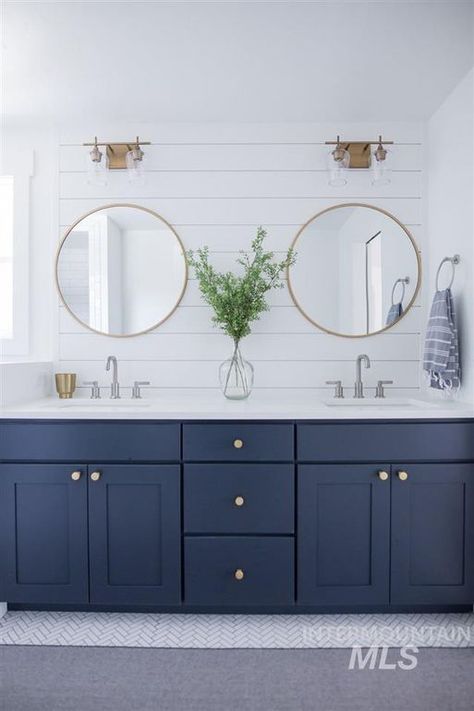 Master Bath With Navy Blue Vanity, Bathrooms Navy Vanity, Subway Tile Bathroom Vanity Wall, Navy Blue White And Gold Bathroom, White Blue And Gold Bathroom, Master Bathrooms With Navy Blue Vanities, White Vanity Blue Walls Bathroom, White And Blue Master Bath, White Blue Walls