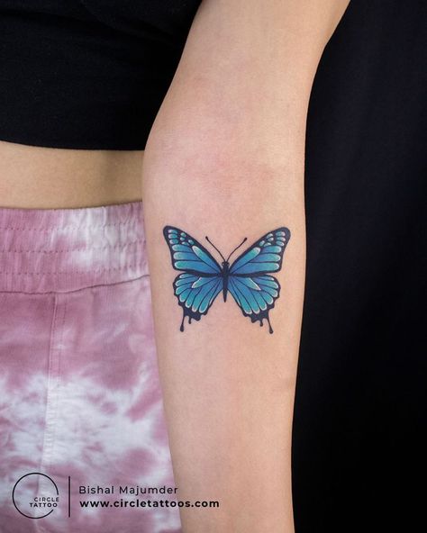 Morpho Azul, Frida Tattoo, Butterfly Colour, Tattoo Fixes, Colorful Butterfly Tattoo, Butterfly Tattoos On Arm, Blue Butterfly Tattoo, Butterfly Hand Tattoo, Colour Tattoo