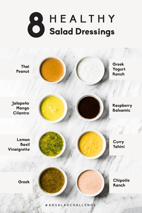 8 Healthy Salad Dressings Types Of Salad Dressing, Homemade Dressing Recipe, Yogurt Ranch Dressing, Healthy Salad Dressings, Homemade Salad Dressing Healthy, Healthy Dressing, Salad Recipe Ideas, Types Of Salad, Resep Salad