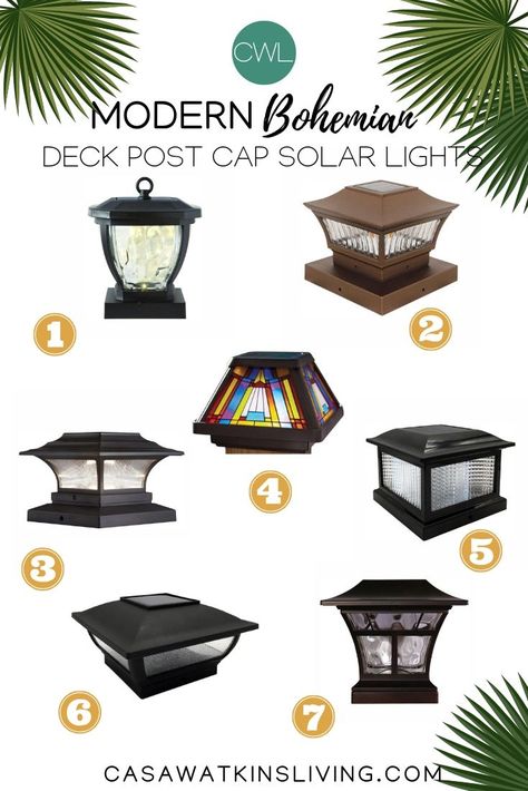 Modern Bohemian Deck Post Solar Lights - Casa Watkins Living Bohemian Deck, Gate Lights Outdoor, Deck Seating Area, Outdoor Deck Design, Deck Post Caps, Outdoor Pillar Lights, Outdoor Deck Decorating, Deck Post Lights, Deck Design Ideas