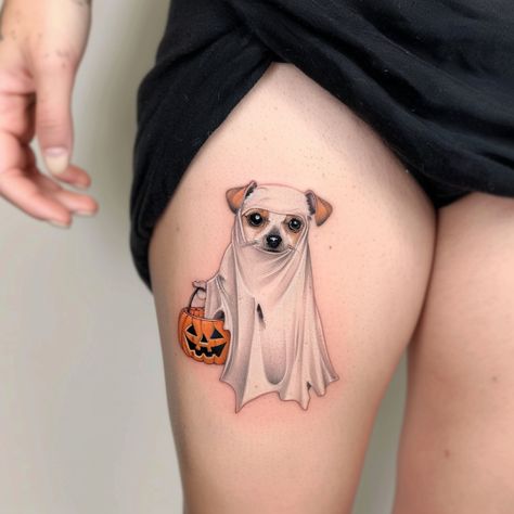 50 Spooky Halloween Tattoo Ideas You’ll Love All Season Long Cute Halloween Tattoos, Mummy Dogs, Ghost Tattoo, Theme Tattoo, Halloween Tattoos, Dog Tattoo, Wiener Dog, Spooky Halloween, Halloween Kids