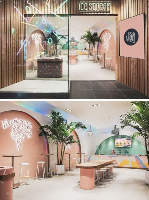 This Ice Cream Shop Draws Inspiration From The 1980's Memphis Design Movement Ice Cream Shop Furniture, Store Color Design, Cute Shop Interior, Modern Store Fronts, Modern Ice Cream Shop, Shop Interior Design Retail, Storefront Drawing, Store Front Design, 1980s Memphis Design