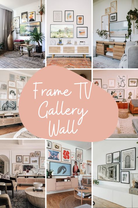 Art Next To Tv Living Rooms, Gallery Wall Ideas Frame Tv, Gallery Media Wall, Samsung Frame Tv Wall Decor, Gallery Wall Behind Tv Living Rooms, Picture Frame Tv Bedroom, Gallery Wall Art Template, Gallery Wall Ideas Living Room Around Tv, Living Room Gallery Wall Around Tv Mounted Tv