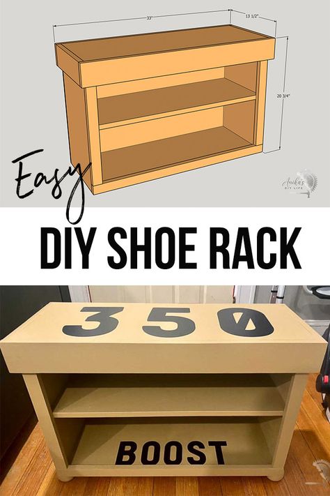 collage of DIY shoe rack and shoe rack building schematic with text Diy Shoe Rack Easy, Diy Shoe Storage Ideas, Shoe Rack Plans, School Projects For Kids, Diy Wood Home Decor, Diy Scrap Wood Projects, Diy Wood Projects For Beginners, Diy Interior Ideas, Easy Diy Wood Projects